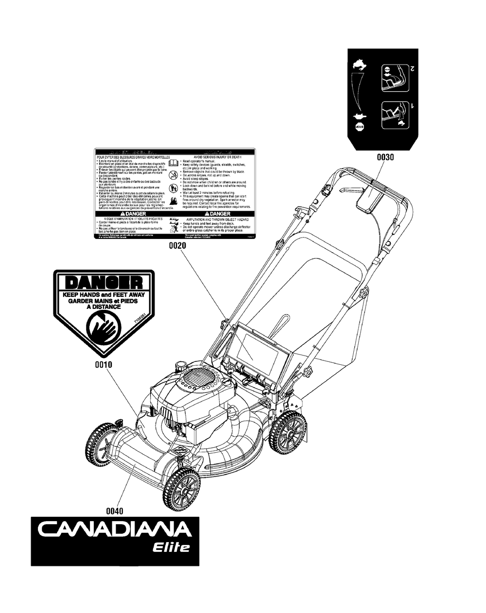 Decals Group, 22" Canadiana Front Wheel Drive Diagram and Parts List for 7800908-CESPV22675FC 2012 Briggs and Stratton Lawn Mower